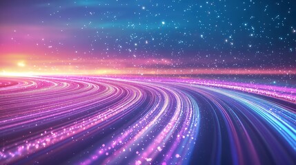 Poster - Vibrant abstract landscape with flowing colorful lights and a starry sky, evoking a sense of movement and energy.