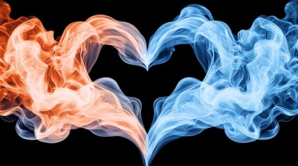 Poster - Two heart shapes formed by swirling orange and blue smoke against a black background, symbolizing contrast and unity.