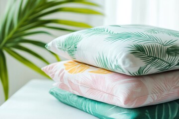 Poster - Tropical patterned pillows stacked on a light surface with a green plant in a bright indoor setting during summer. Generative AI