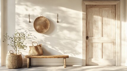Poster - A serene interior space featuring a wooden bench, woven baskets, wall decor, and a rustic door illuminated by soft natural light.