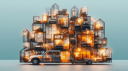 Poster - A truck surrounded by illuminated, abstract structures resembling houses, creating a whimsical and artistic scene.