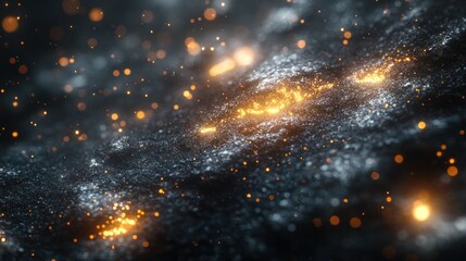 Poster - Glowing particles flow across dark surface, bokeh background, abstract texture, digital art