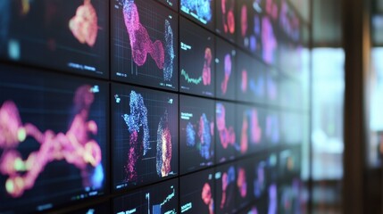 Poster - High tech laboratory displays vibrant, intricate data visualizations across multiple screens, showcasing scientific analysis and research in a cutting edge environment