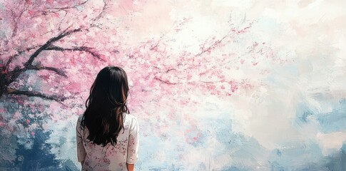 Sticker - Woman Contemplating a Beautiful Cherry Blossom Painting