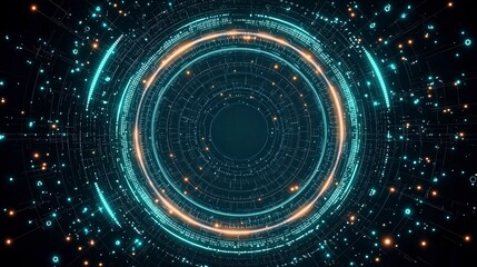 Poster - Vibrant abstract circular design with glowing particles and dynamic lines, creating a sense of movement and depth.