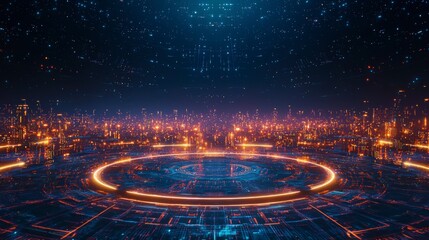 Poster - Futuristic digital landscape with glowing circular patterns and vibrant city lights under a starry sky.