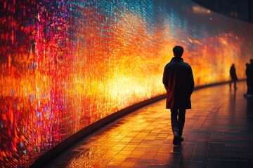 Strolling past a vibrant illuminated wall at dusk in a modern urban setting