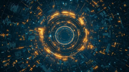 Poster - Vibrant abstract digital background featuring concentric circles of glowing lights in blue and orange hues.