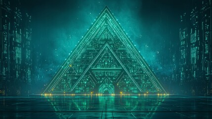 Poster - A futuristic pyramid structure illuminated with glowing green lights amidst a digital landscape.