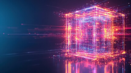 Poster - A vibrant, abstract representation of a glowing cube surrounded by colorful particles and trails, symbolizing digital transformation and technology.