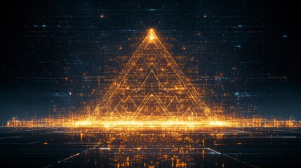 Poster - Illuminated pyramid shape with a digital, futuristic design featuring glowing particles against a dark background.