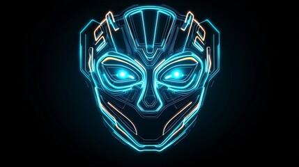 Poster - Futuristic robotic face design featuring glowing blue eyes and intricate circuitry on a dark background.