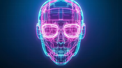 Poster - Digital representation of a futuristic human head with glowing neon circuitry and a blue background, symbolizing technology and AI.