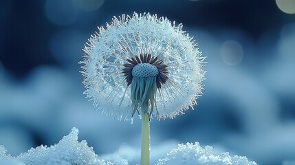 Wall Mural - A close-up of a dandelion seed head, glistening with frost in a blue setting.