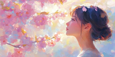 Wall Mural - Woman Gazing at Blossoming Cherry Trees in Spring