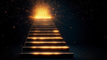 Poster - A glowing staircase leads to a radiant light, surrounded by shimmering particles in a dark, mystical environment.