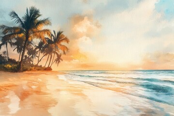 Poster - Warm sunset over a tranquil beach with palm trees swaying in the gentle breeze. Generative AI