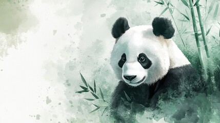 Poster - Watercolor illustration of a panda among bamboo in a serene natural setting. Generative AI