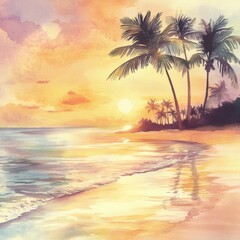 Poster - Vibrant sunset over tranquil beach with palm trees reflecting on calm waters. Generative AI