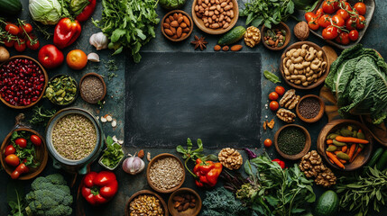 Wall Mural - Top view of chalkboard with text vegan on the table surrounded by plant based nutrition groceries and foods including fruits, vegetables, greens, nuts and seeds. fresh healthy raw meal ingredients.