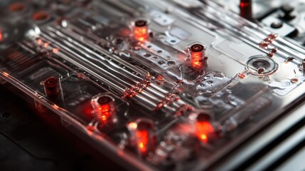 Poster - close up of a circuit board with glowing red lights, highlighting intricate electronic pathways and 