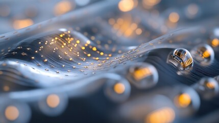 Poster - shimmering droplets rest on a smooth, metallic surface, reflecting soft, golden light. the abstract 