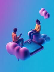 Poster - users with digital gadgets sitting on smartphone screen and chatting with chatbot. social media bots