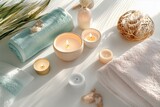 Conjunto de itens de spa com toalhas, velas e elementos decorativos em tons neutros, capturados com luz natural suave, criado com IA generativa.