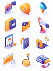 Poster - promotion methods icons set. popular blogger, public announcement, service quality evaluation system