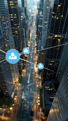 Poster - Enjoy a stunning nighttime view of a city filled with bright lights and dynamic digital connectivity symbols illuminating the skyline