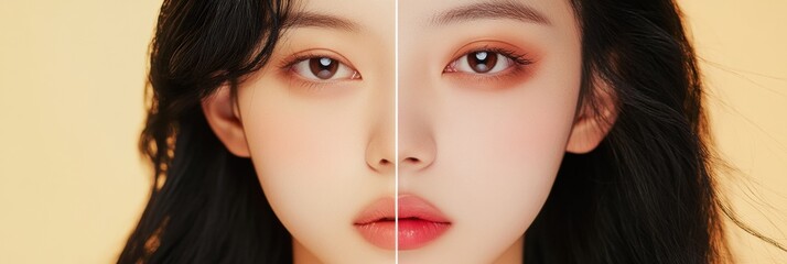 Poster - Natural beauty and artistic makeup harmonize in a captivating split face portrait. Generative AI