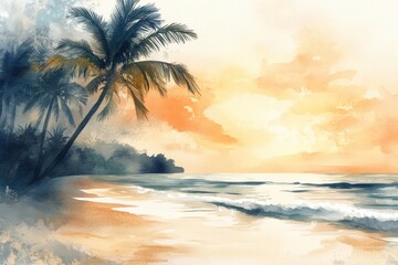 Poster - Sunset over a tranquil beach with palm trees and gentle waves at twilight in a watercolor illustration. Generative AI