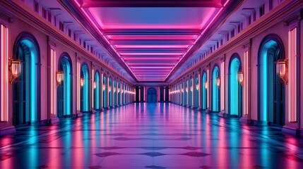Poster - A vibrant corridor illuminated with neon pink and blue lights, featuring elegant arches and a polished floor, creating a futuristic atmosphere.