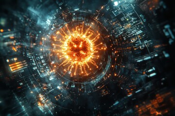 Poster - Conceptual artwork of digital virus infiltrating cyber system with glowing textures and dark innovation