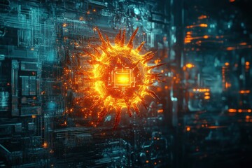 Poster - conceptual artwork illustrating a glowing digital virus infiltrating a cybernetic system with biolog