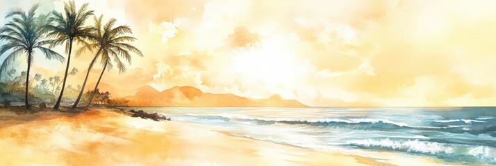 Poster - Sunset over the tranquil beach with palm trees and gentle waves under a warm sky. Generative AI