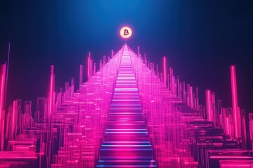 Poster - Conceptual visualization shows Bitcoin growth with a single coin atop a pyramid of glowing charts and ascending arrows, displaying digital progress