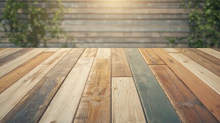 Poster - Textured wooden flooring with a sunlit background, creating a warm and inviting atmosphere.