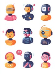Poster - chatbot icons set metaphors. information engineering, artificial intelligence, chatbot app developme