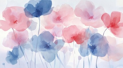 Aufkleber - Soft watercolor illustration of blooming flowers in shades of pink and blue on a gentle background. Generative AI