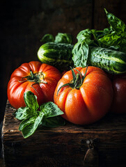 Sticker - Freshly picked tomatoes, cucumbers, and basil leaves arranged on a rustic wooden board, with a dark and moody aesthetic.