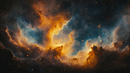 a celestial tapestry of golden and blue nebula clouds, sprinkled with shimmering stars across the co