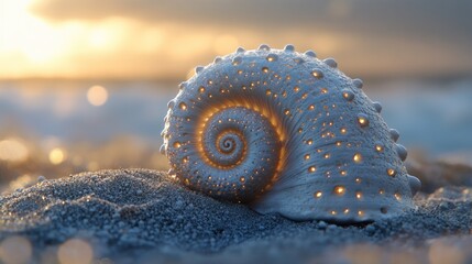 Wall Mural - Illuminated seashell on beach at sunset, ocean background, serenity