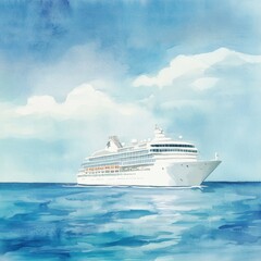 Poster - Elegant watercolor of a luxury cruise ship sailing through tranquil blue waters under a clear sky. Generative AI