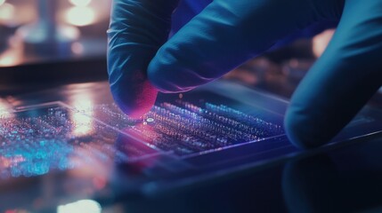 Poster - Gloved hand delicately examines a microchip, illuminated by blue and purple light, symbolizing advanced technology and scientific research in a laboratory setting