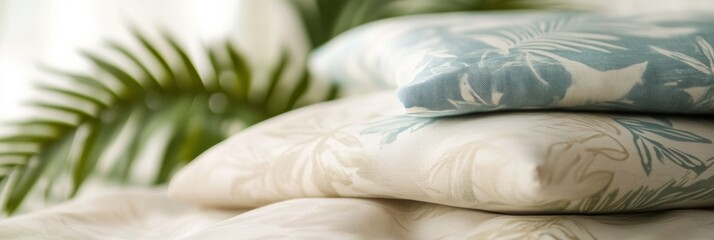 Poster - Colorful tropical patterns on light summer fabrics create a relaxed atmosphere for warm weather gatherings in a cozy setting. Generative AI