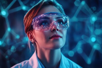 Poster - Scientist wearing protective glasses examines data in a high-tech laboratory environment