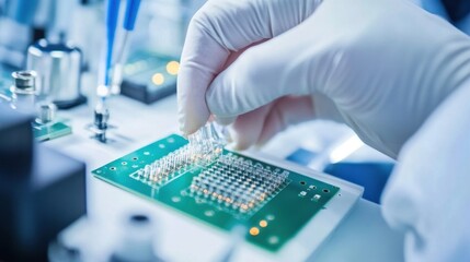 Poster - gloved hand carefully places a microchip onto a circuit board in a high tech laboratory, showcasing 