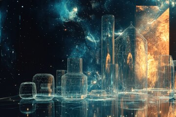 Poster - Abstract cosmic cityscape with illuminated structures and starry background