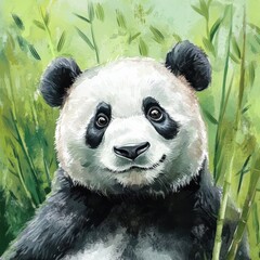 Poster - Charming panda rests among lush bamboo during a sunny afternoon in a serene forest environment. Generative AI